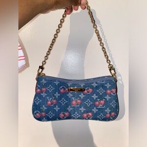 Blue Denim Cherry Print Chain Pochette